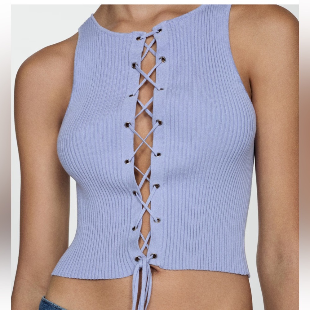 Mango Lace-Up Ribbed Crop Top light blue